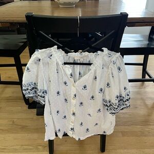 LOFT White Blouse with Navy Floral Accents
